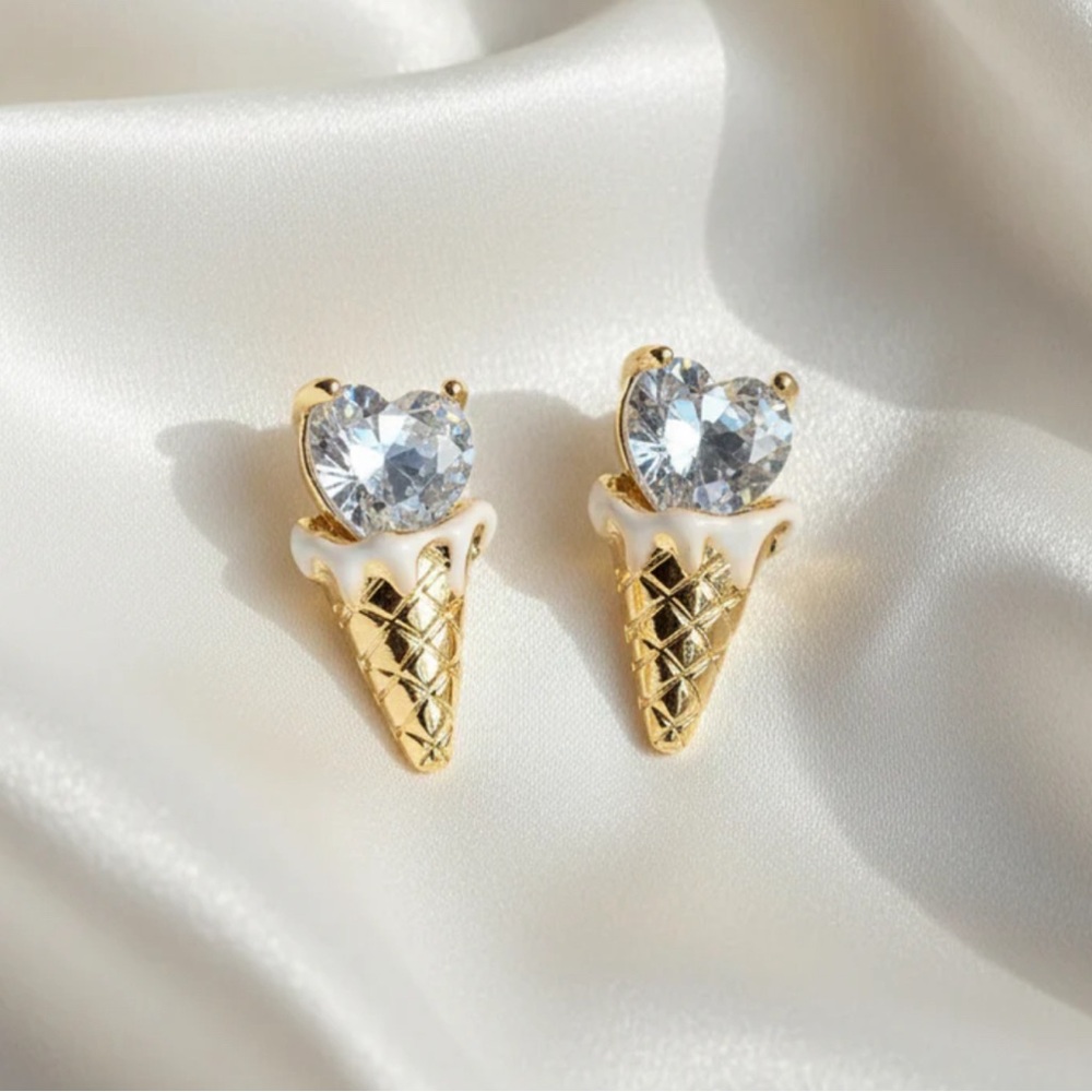 Gold Ice Cream Cone Stud Earrings with White Enamel & Clear Crystals